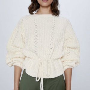 New ZARA Cable Knit Wool-Blend Sweater Cream Size S